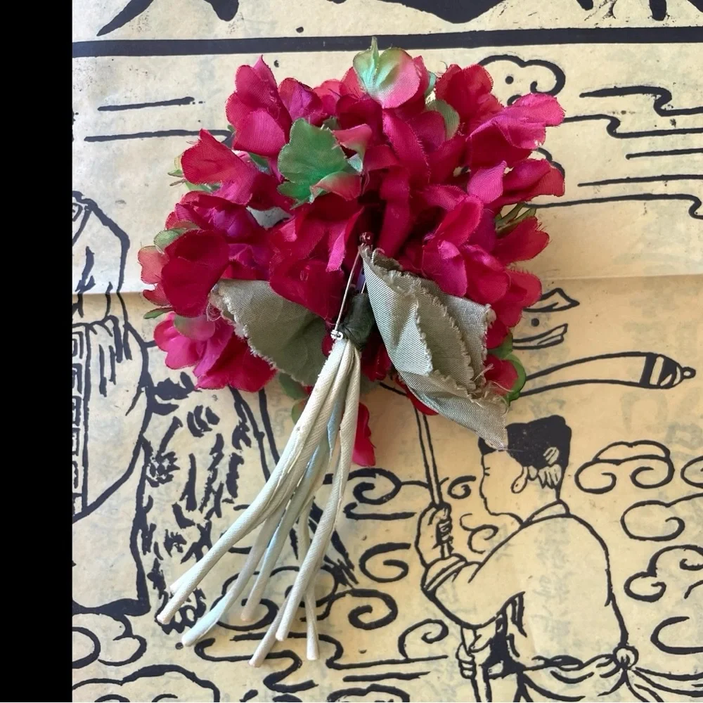 Vintage Fabric Red Hydrangea Flower Pin